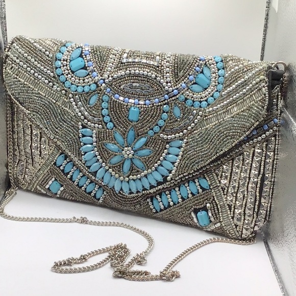 Elegant Silver and Blue Beaded Clutch by Atmosphere - Picture 6 of 10